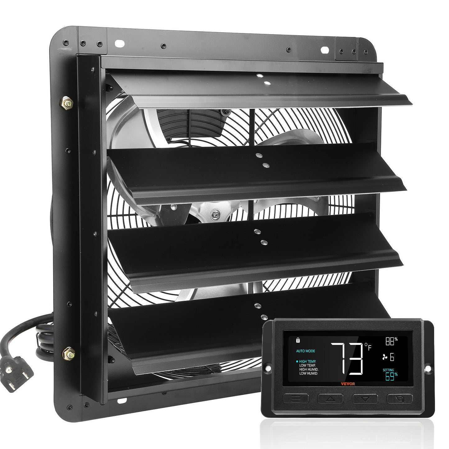 Jalousie-Abluftventilator, 406 mm mit Temperatur- und Feuchtigkeitsregler, EC-Motor, 1747 CFM, drehzahlverstellbarer Wandventilator für Dachböden, Belüftung und Kühlung für Gewächshäuser, Garagen, Schuppen