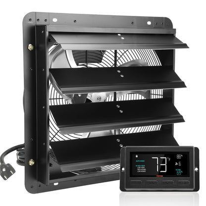Jalousie-Abluftventilator, 406 mm mit Temperatur- und Feuchtigkeitsregler, EC-Motor, 1747 CFM, drehzahlverstellbarer Wandventilator für Dachböden, Belüftung und Kühlung für Gewächshäuser, Garagen, Schuppen