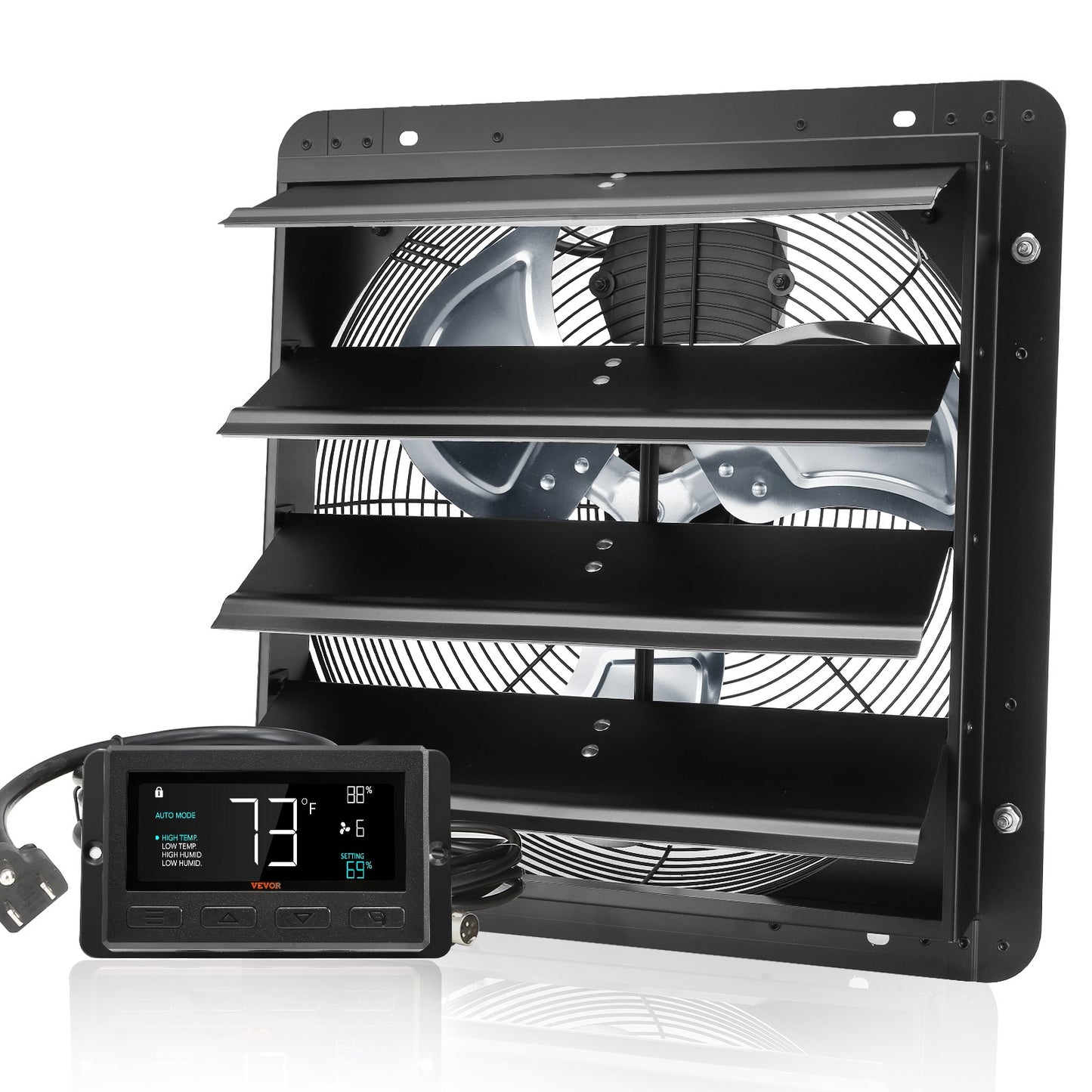 Jalousie-Abluftventilator, 406 mm mit Temperatur- und Feuchtigkeitsregler, EC-Motor, 1747 CFM, drehzahlverstellbarer Wandventilator für Dachböden, Belüftung und Kühlung für Gewächshäuser, Garagen, Schuppen
