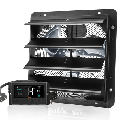 Jalousie-Abluftventilator, 406 mm mit Temperatur- und Feuchtigkeitsregler, EC-Motor, 1747 CFM, drehzahlverstellbarer Wandventilator für Dachböden, Belüftung und Kühlung für Gewächshäuser, Garagen, Schuppen