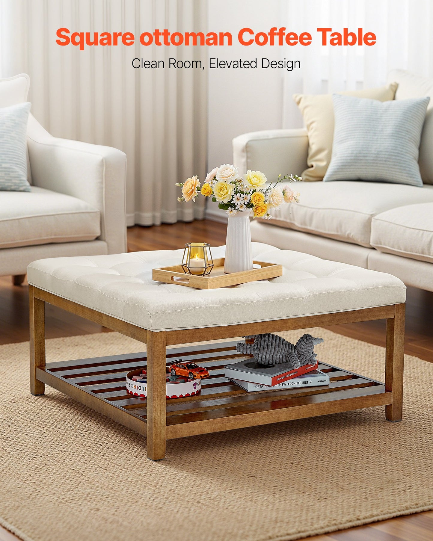 VEVOE Großer quadratischer Ottomanen-Couchtisch, 87,5 cm, gesteppter Couchtisch mit Ablagefach aus Massivholz, gepolsterter Ottoman mit Leinenbezug für Schlaf- und Wohnzimmer, 181 kg Tragkraft, Cremeweiß