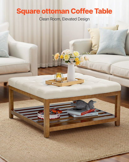 VEVOE Großer quadratischer Ottomanen-Couchtisch, 87,5 cm, gesteppter Couchtisch mit Ablagefach aus Massivholz, gepolsterter Ottoman mit Leinenbezug für Schlaf- und Wohnzimmer, 181 kg Tragkraft, Cremeweiß