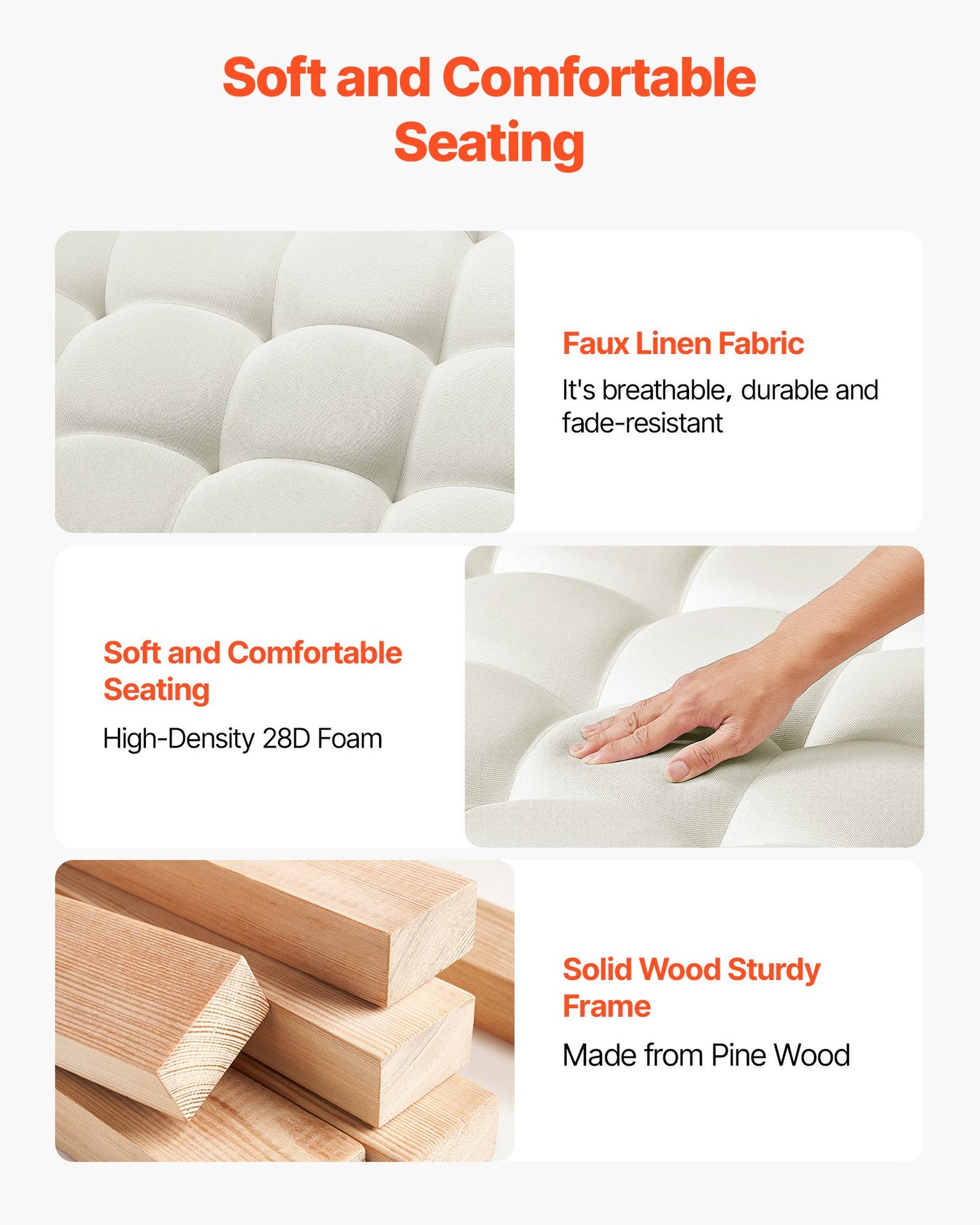 VEVOE Großer quadratischer Ottomanen-Couchtisch, 87,5 cm, gesteppter Couchtisch mit Ablagefach aus Massivholz, gepolsterter Ottoman mit Leinenbezug für Schlaf- und Wohnzimmer, 181 kg Tragkraft, Cremeweiß