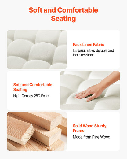 VEVOE Großer quadratischer Ottomanen-Couchtisch, 87,5 cm, gesteppter Couchtisch mit Ablagefach aus Massivholz, gepolsterter Ottoman mit Leinenbezug für Schlaf- und Wohnzimmer, 181 kg Tragkraft, Cremeweiß