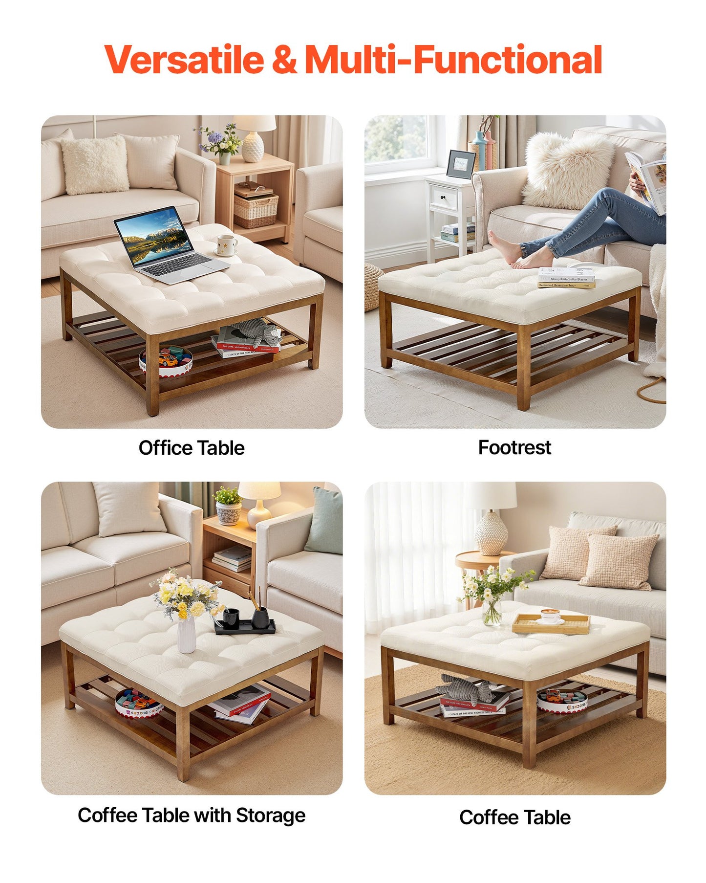 VEVOE Großer quadratischer Ottomanen-Couchtisch, 87,5 cm, gesteppter Couchtisch mit Ablagefach aus Massivholz, gepolsterter Ottoman mit Leinenbezug für Schlaf- und Wohnzimmer, 181 kg Tragkraft, Cremeweiß