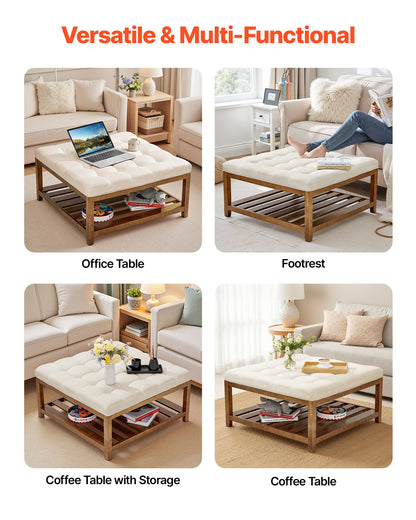 VEVOE Großer quadratischer Ottomanen-Couchtisch, 87,5 cm, gesteppter Couchtisch mit Ablagefach aus Massivholz, gepolsterter Ottoman mit Leinenbezug für Schlaf- und Wohnzimmer, 181 kg Tragkraft, Cremeweiß