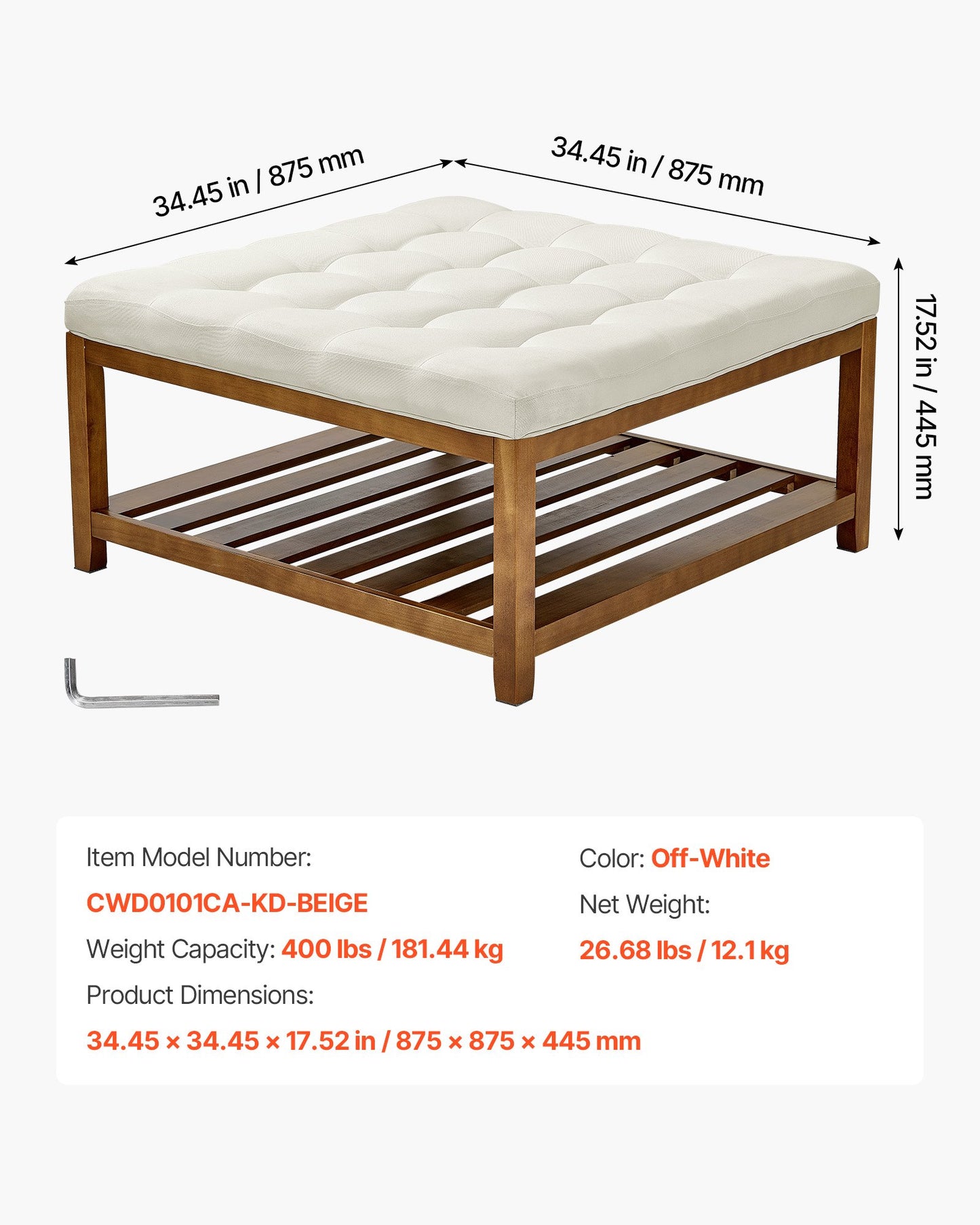 VEVOE Großer quadratischer Ottomanen-Couchtisch, 87,5 cm, gesteppter Couchtisch mit Ablagefach aus Massivholz, gepolsterter Ottoman mit Leinenbezug für Schlaf- und Wohnzimmer, 181 kg Tragkraft, Cremeweiß