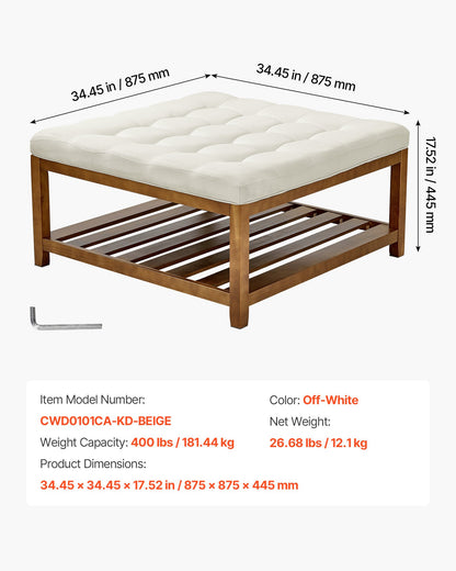 VEVOE Großer quadratischer Ottomanen-Couchtisch, 87,5 cm, gesteppter Couchtisch mit Ablagefach aus Massivholz, gepolsterter Ottoman mit Leinenbezug für Schlaf- und Wohnzimmer, 181 kg Tragkraft, Cremeweiß