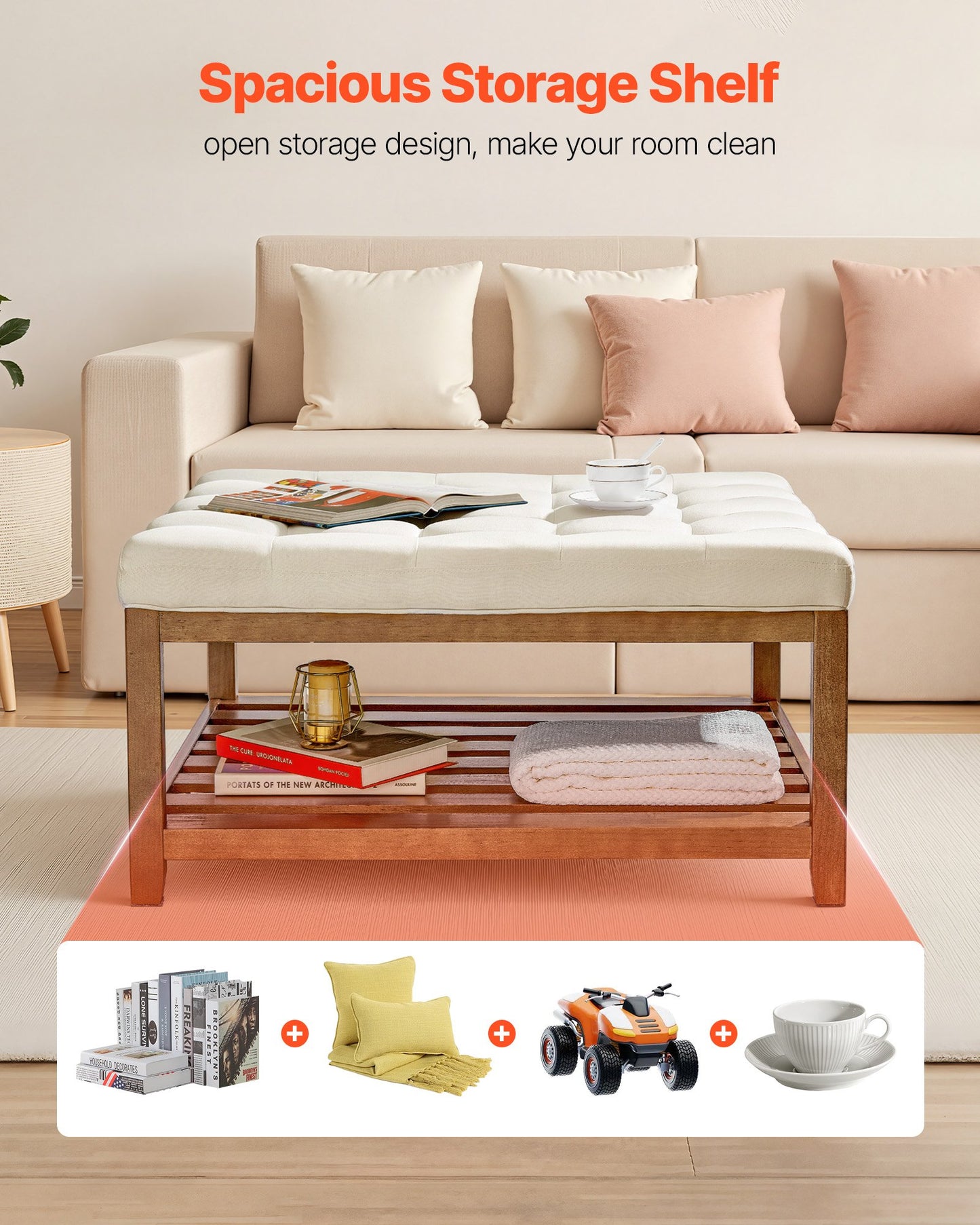 VEVOE Großer quadratischer Ottomanen-Couchtisch, 87,5 cm, gesteppter Couchtisch mit Ablagefach aus Massivholz, gepolsterter Ottoman mit Leinenbezug für Schlaf- und Wohnzimmer, 181 kg Tragkraft, Cremeweiß