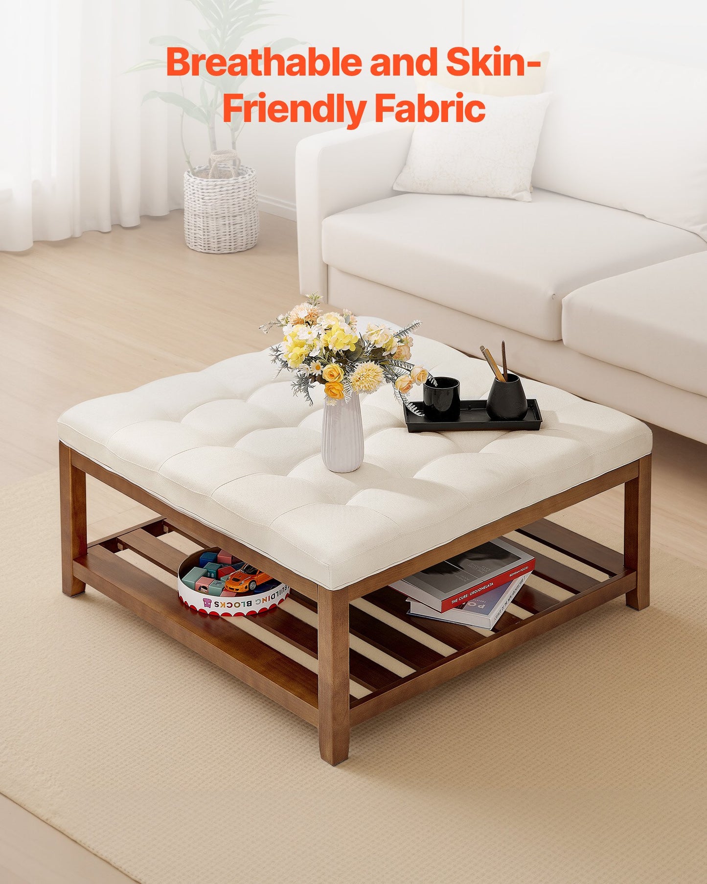 VEVOE Großer quadratischer Ottomanen-Couchtisch, 87,5 cm, gesteppter Couchtisch mit Ablagefach aus Massivholz, gepolsterter Ottoman mit Leinenbezug für Schlaf- und Wohnzimmer, 181 kg Tragkraft, Cremeweiß