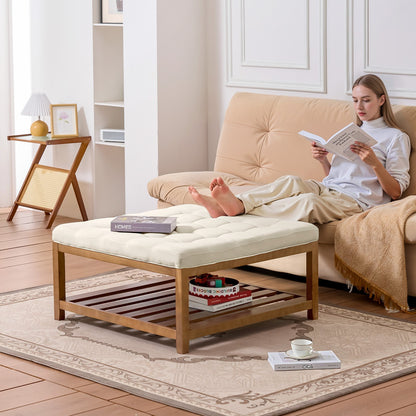 VEVOE Großer quadratischer Ottomanen-Couchtisch, 87,5 cm, gesteppter Couchtisch mit Ablagefach aus Massivholz, gepolsterter Ottoman mit Leinenbezug für Schlaf- und Wohnzimmer, 181 kg Tragkraft, Cremeweiß