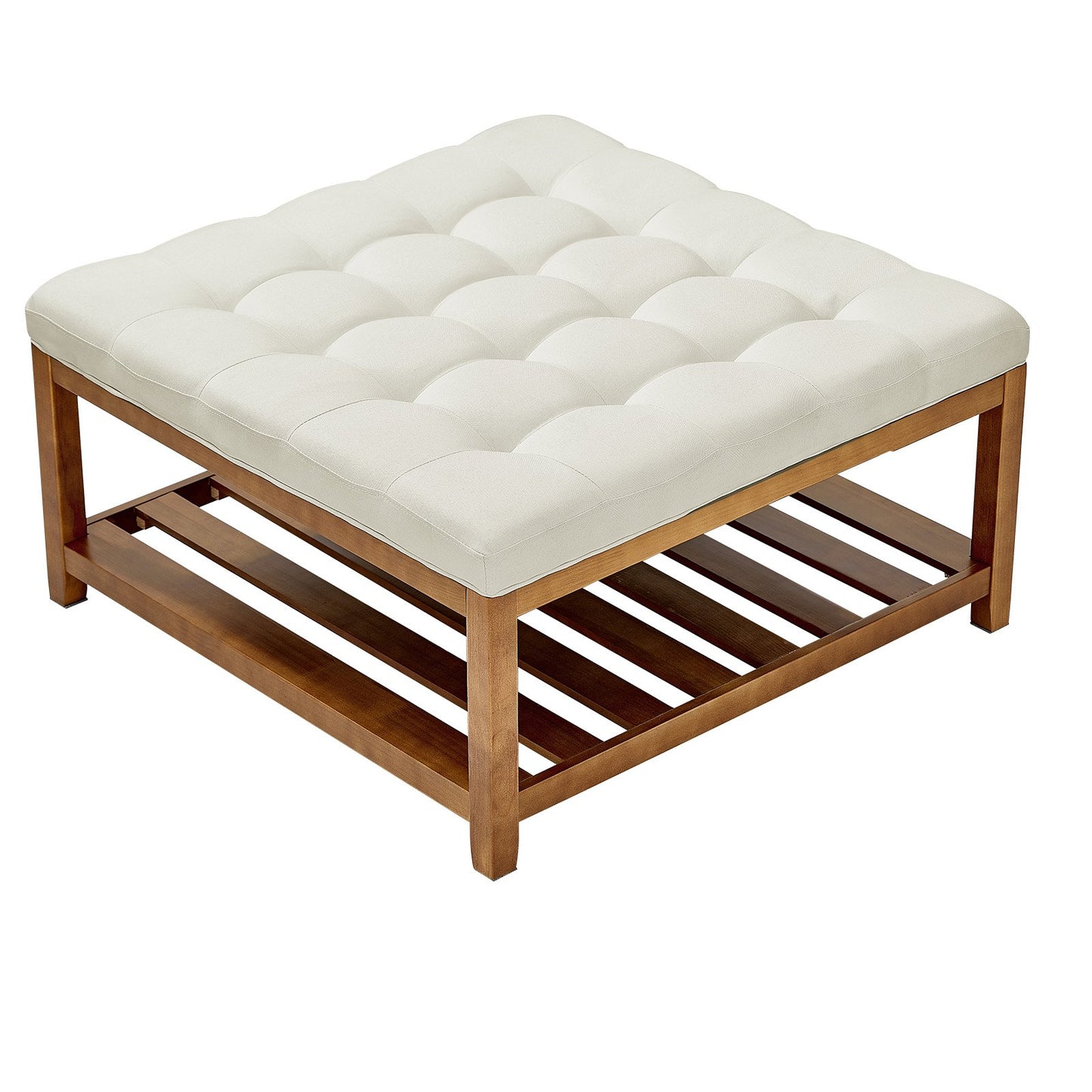 VEVOE Großer quadratischer Ottomanen-Couchtisch, 87,5 cm, gesteppter Couchtisch mit Ablagefach aus Massivholz, gepolsterter Ottoman mit Leinenbezug für Schlaf- und Wohnzimmer, 181 kg Tragkraft, Cremeweiß