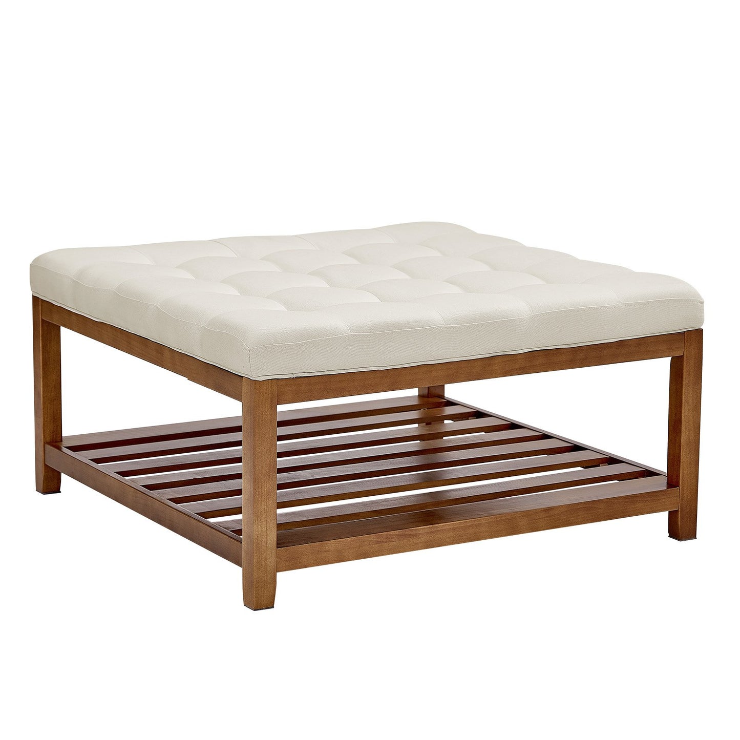 VEVOE Großer quadratischer Ottomanen-Couchtisch, 87,5 cm, gesteppter Couchtisch mit Ablagefach aus Massivholz, gepolsterter Ottoman mit Leinenbezug für Schlaf- und Wohnzimmer, 181 kg Tragkraft, Cremeweiß