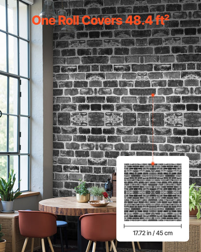 Selbstklebende Tapete, 45 cm x 10 m, Kontaktpapier, graue Ziegelsteinoptik, wasserfest, leicht zu reinigen und abziehbar, dekorative Vinylrolle für Schlafzimmer, Küche, Büro, Badezimmer, Schreibtisch