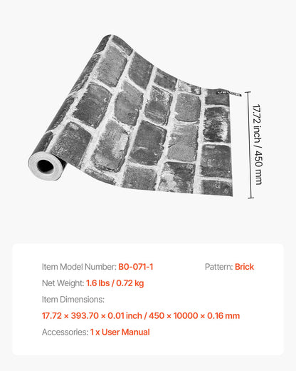 Selbstklebende Tapete, 45 cm x 10 m, Kontaktpapier, graue Ziegelsteinoptik, wasserfest, leicht zu reinigen und abziehbar, dekorative Vinylrolle für Schlafzimmer, Küche, Büro, Badezimmer, Schreibtisch