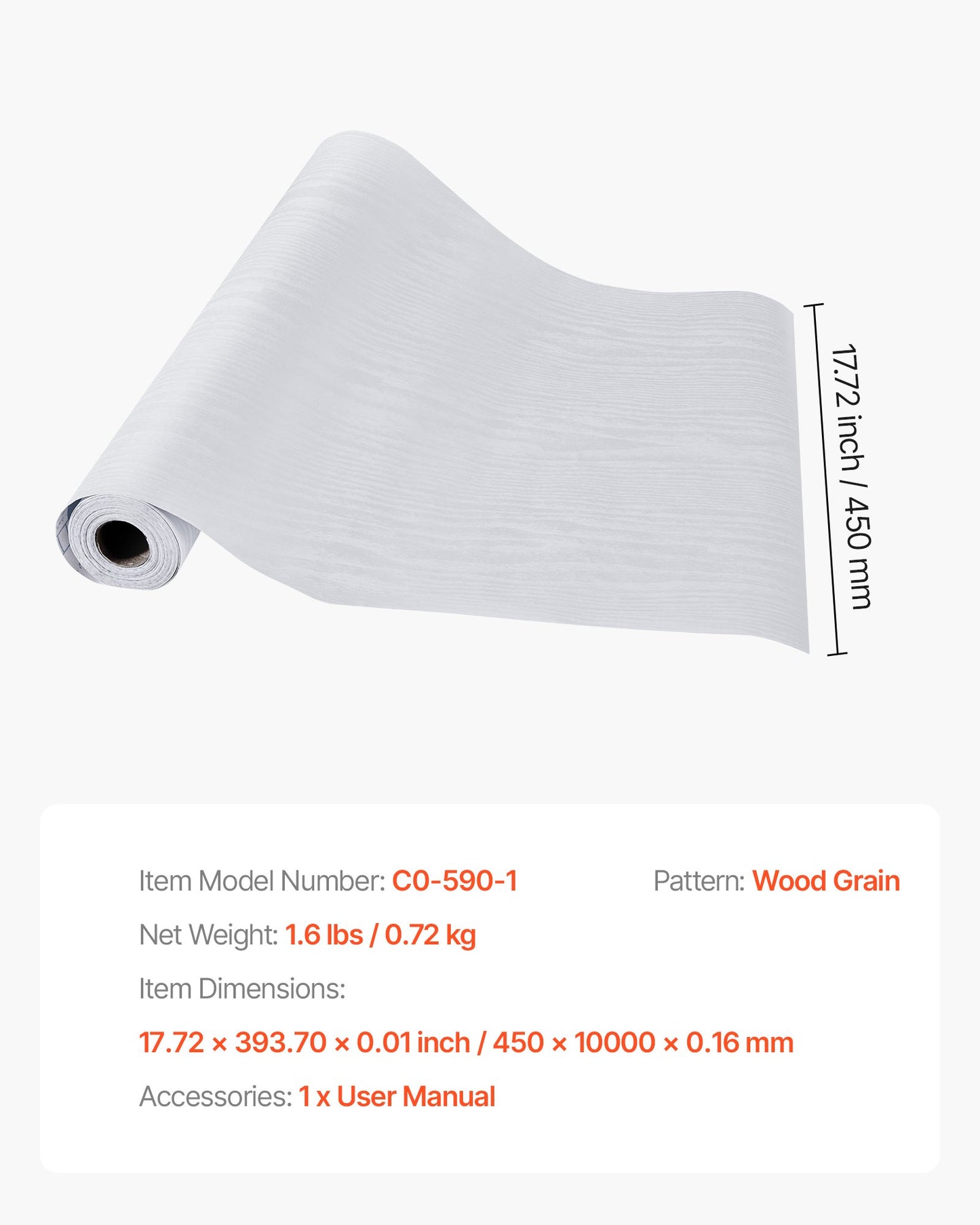 Selbstklebende Tapete, 45 cm x 10 m, Kontaktpapier, weiß, Holzmaserung, wasserfest, leicht zu reinigen und abziehbar, dekorative Vinylrolle für Schlafzimmer, Küche, Büro, Badezimmer, Schreibtisch