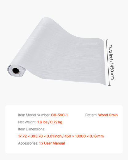 Selbstklebende Tapete, 45 cm x 10 m, Kontaktpapier, weiß, Holzmaserung, wasserfest, leicht zu reinigen und abziehbar, dekorative Vinylrolle für Schlafzimmer, Küche, Büro, Badezimmer, Schreibtisch