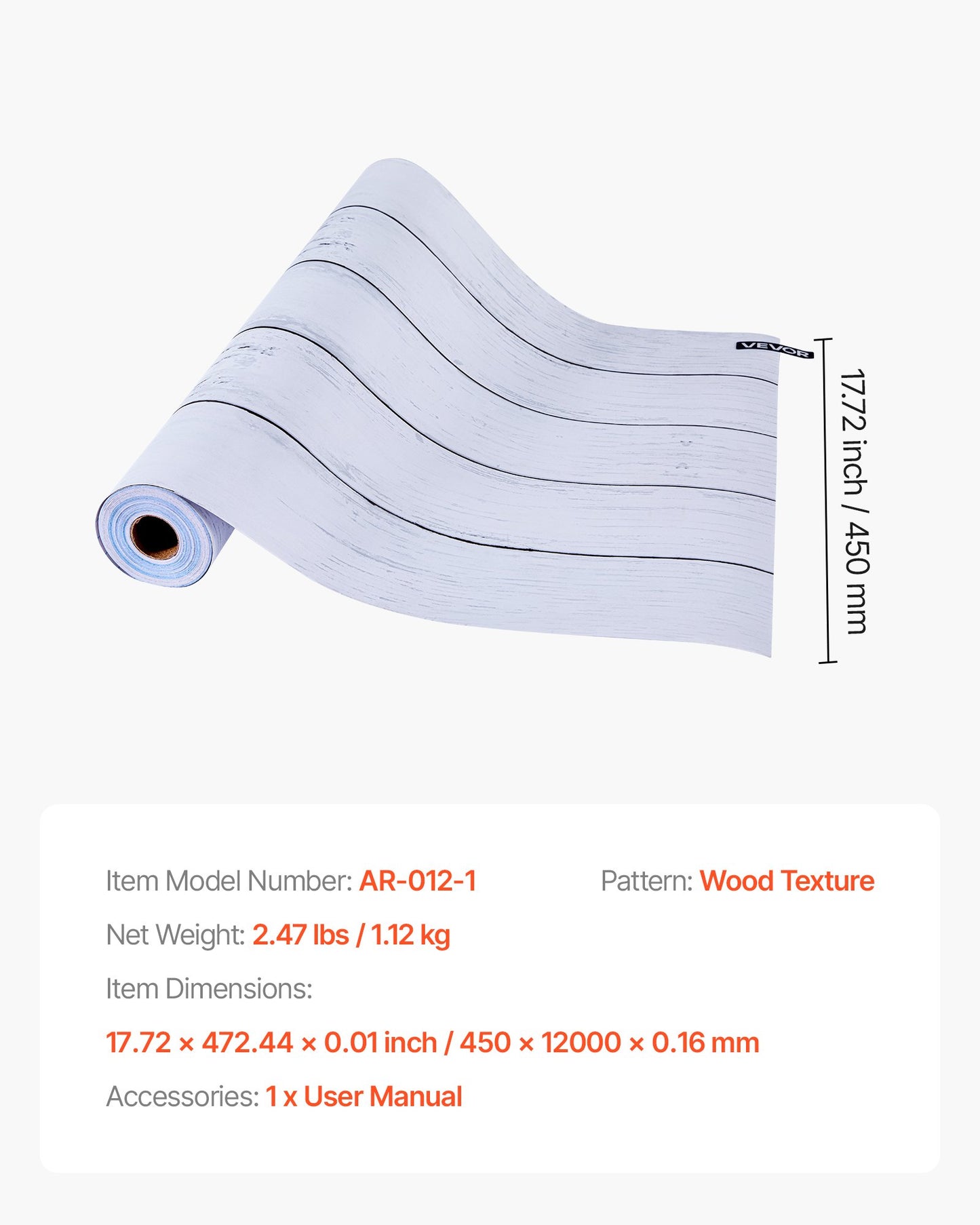 Selbstklebende Tapete, 45 cm x 12 m, Kontaktpapier, weiß, Holzstruktur, wasserfest, leicht zu reinigen und abziehbar, dekorative Vinylrolle für Schlafzimmer, Küche, Büro, Badezimmer, Schreibtisch