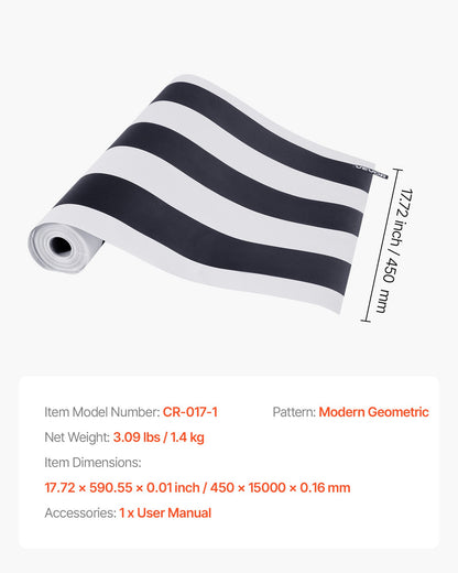 Selbstklebende Tapete, 45 cm x 15 m, Kontaktpapier, Schwarz-Weiß, modernes geometrisches Muster, wasserfest, leicht zu reinigen, dekorative Vinylrolle für Schlafzimmer, Küche, Büro, Badezimmer