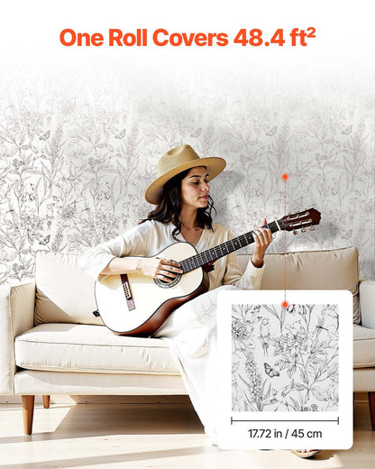 Selbstklebende Tapete, 45 cm x 10 m, Kontaktpapier, weißes Linienmuster, botanisches Blumenmuster, wasserfest, leicht zu reinigen, dekorative Vinylrolle für Schlafzimmer, Küche, Büro, Badezimmer