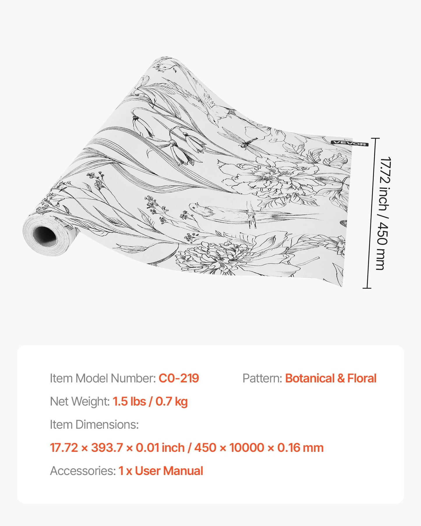 Selbstklebende Tapete, 45 cm x 10 m, Kontaktpapier, weißes Linienmuster, botanisches Blumenmuster, wasserfest, leicht zu reinigen, dekorative Vinylrolle für Schlafzimmer, Küche, Büro, Badezimmer