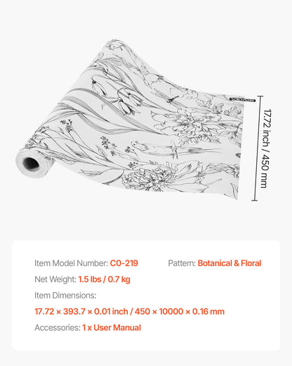 Selbstklebende Tapete, 45 cm x 10 m, Kontaktpapier, weißes Linienmuster, botanisches Blumenmuster, wasserfest, leicht zu reinigen, dekorative Vinylrolle für Schlafzimmer, Küche, Büro, Badezimmer