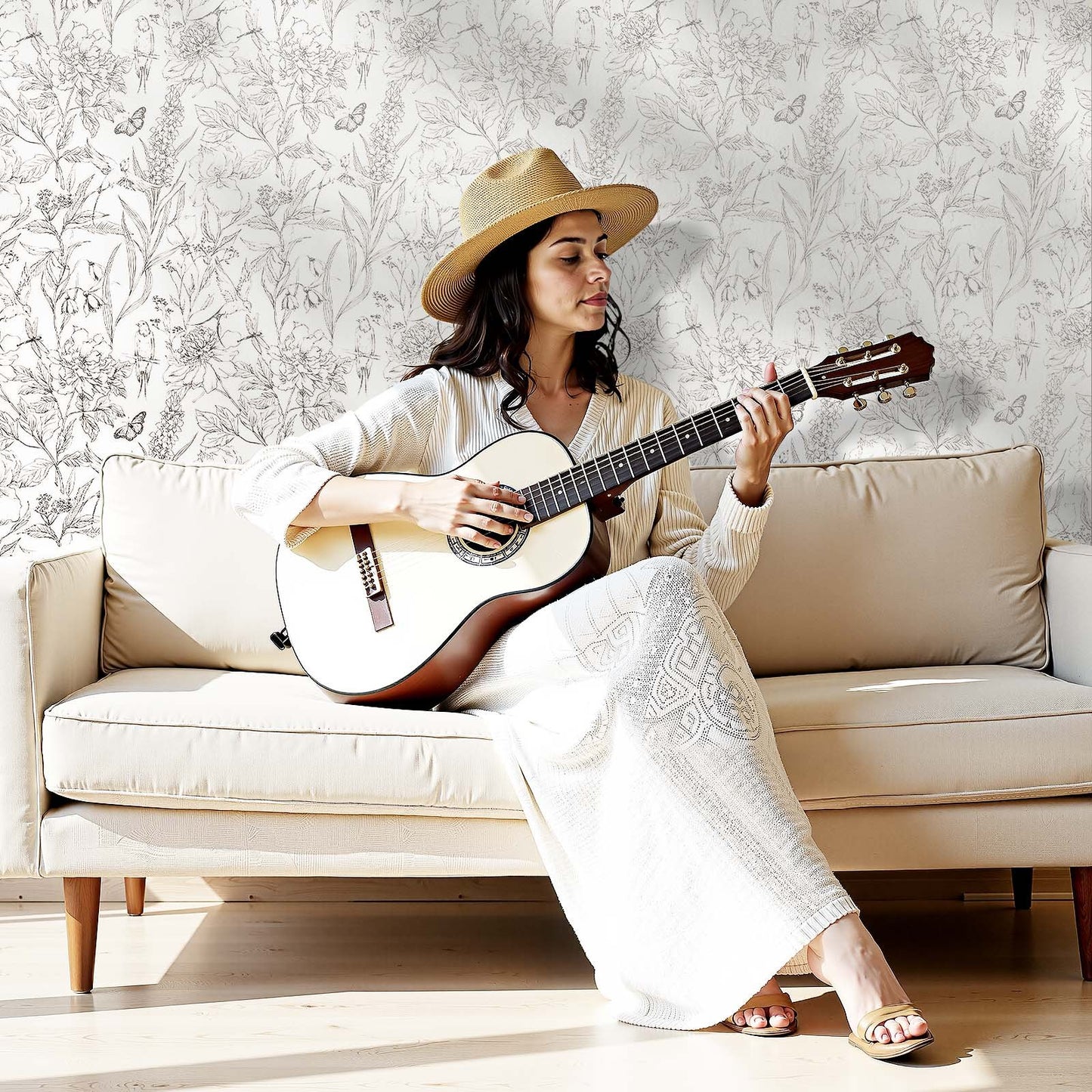 Selbstklebende Tapete, 45 cm x 10 m, Kontaktpapier, weißes Linienmuster, botanisches Blumenmuster, wasserfest, leicht zu reinigen, dekorative Vinylrolle für Schlafzimmer, Küche, Büro, Badezimmer