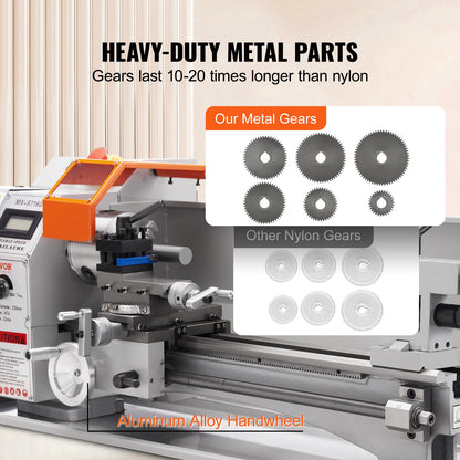 Mini-Metalldrehmaschine, 17,8 cm x 40,7 cm, 800 W Präzisions-Tischdrehmaschine, stufenlos einstellbare Drehzahl 150–2500 U/min, mit 9,9 cm 3-Backen-Metallfutter-Werkzeugkasten zur Bearbeitung von Präzisionsteilen
