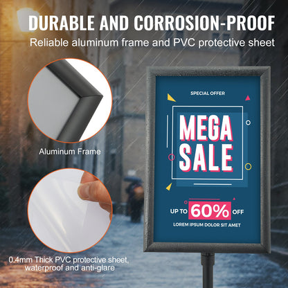 Pedestal Sign Holder, 11 x 17 Inch Vertical and Horizontal Adjustable Poster Stand, Heavy-Duty Floor Standing Sign Holder with Metal Base for Display, Advertisement, and Outdoor, Black