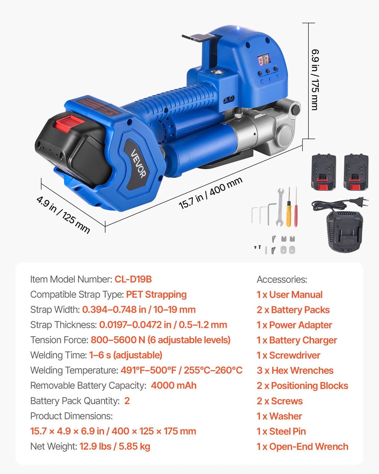 Elektrische Umreifungsmaschine, 2 x 4000-mAh-Akkus, automatisches Umreifungsgerät mit Digitalanzeige für 10–19 mm breite PET-Umreifungsbänder, Umreifungsspannmaschine für Verpackungskartons und Paletten
