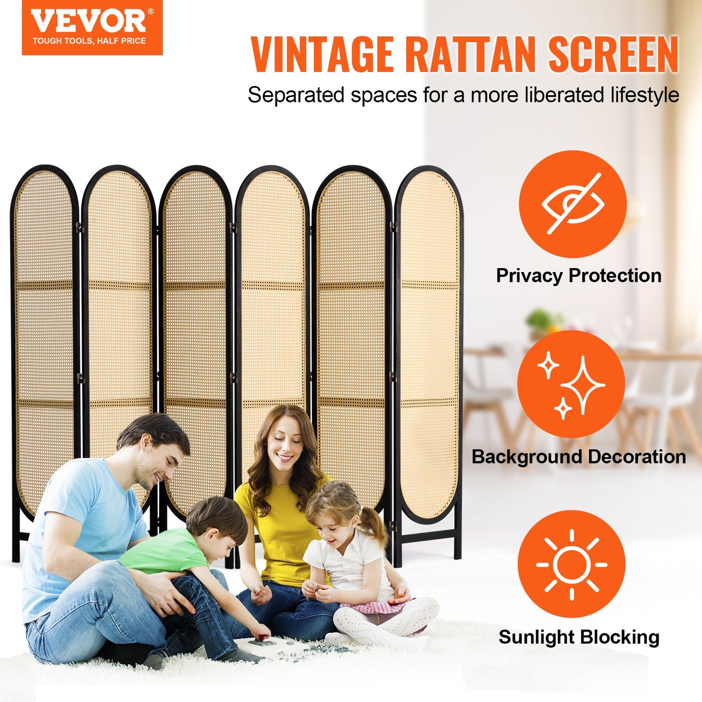 6 Panel Room Divider, Hand-Woven Rattan Folding Privacy Screens with Hinges, Portable Partition Room Dividers, Wooden Freestanding Wall Divider for Room Separation, Living Room, Bedroom, Brown