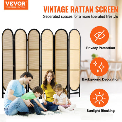 6 Panel Room Divider, Hand-Woven Rattan Folding Privacy Screens with Hinges, Portable Partition Room Dividers, Wooden Freestanding Wall Divider for Room Separation, Living Room, Bedroom, Brown