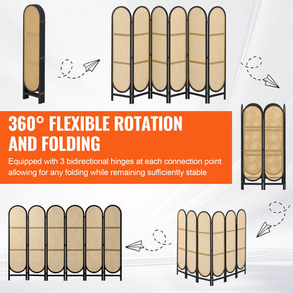 6 Panel Room Divider, Hand-Woven Rattan Folding Privacy Screens with Hinges, Portable Partition Room Dividers, Wooden Freestanding Wall Divider for Room Separation, Living Room, Bedroom, Brown