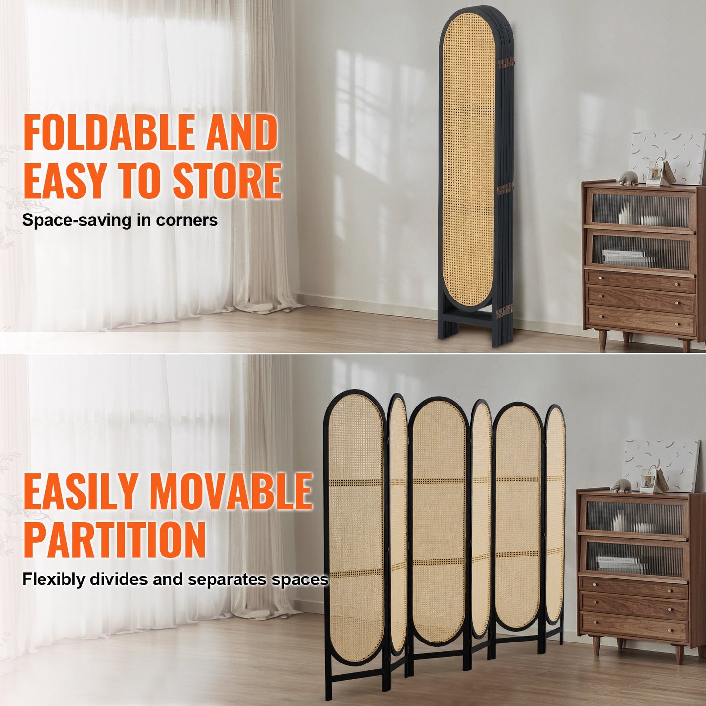 6 Panel Room Divider, Hand-Woven Rattan Folding Privacy Screens with Hinges, Portable Partition Room Dividers, Wooden Freestanding Wall Divider for Room Separation, Living Room, Bedroom, Brown