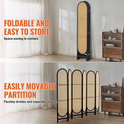 6 Panel Room Divider, Hand-Woven Rattan Folding Privacy Screens with Hinges, Portable Partition Room Dividers, Wooden Freestanding Wall Divider for Room Separation, Living Room, Bedroom, Brown