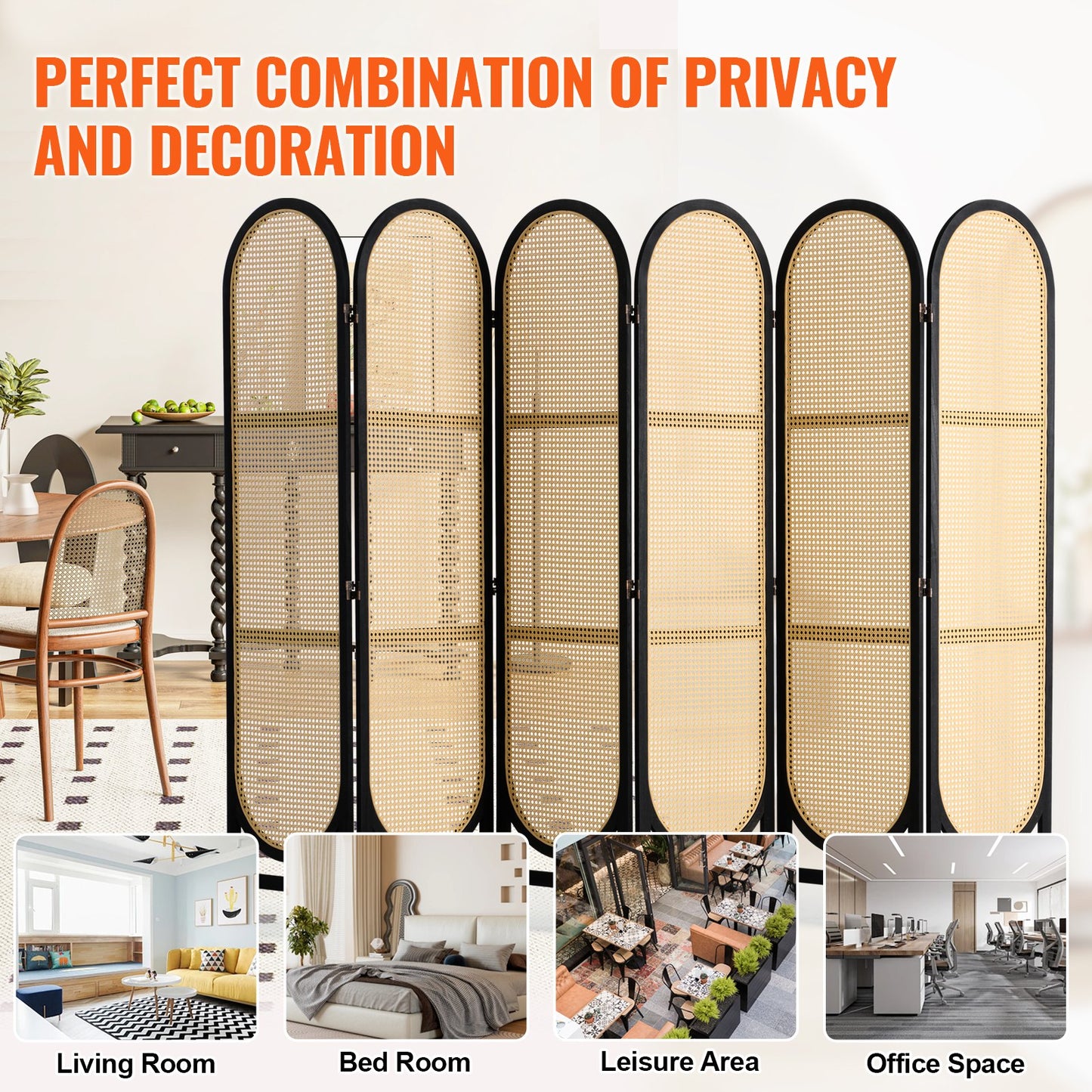 6 Panel Room Divider, Hand-Woven Rattan Folding Privacy Screens with Hinges, Portable Partition Room Dividers, Wooden Freestanding Wall Divider for Room Separation, Living Room, Bedroom, Brown