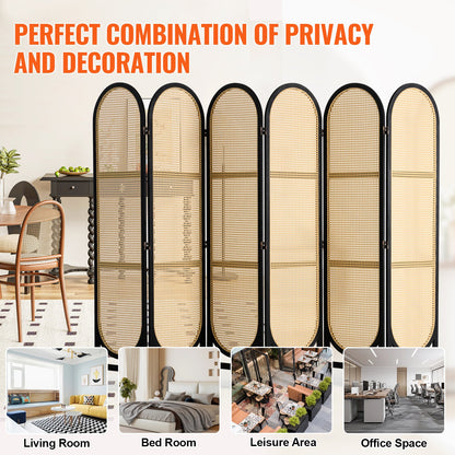 6 Panel Room Divider, Hand-Woven Rattan Folding Privacy Screens with Hinges, Portable Partition Room Dividers, Wooden Freestanding Wall Divider for Room Separation, Living Room, Bedroom, Brown