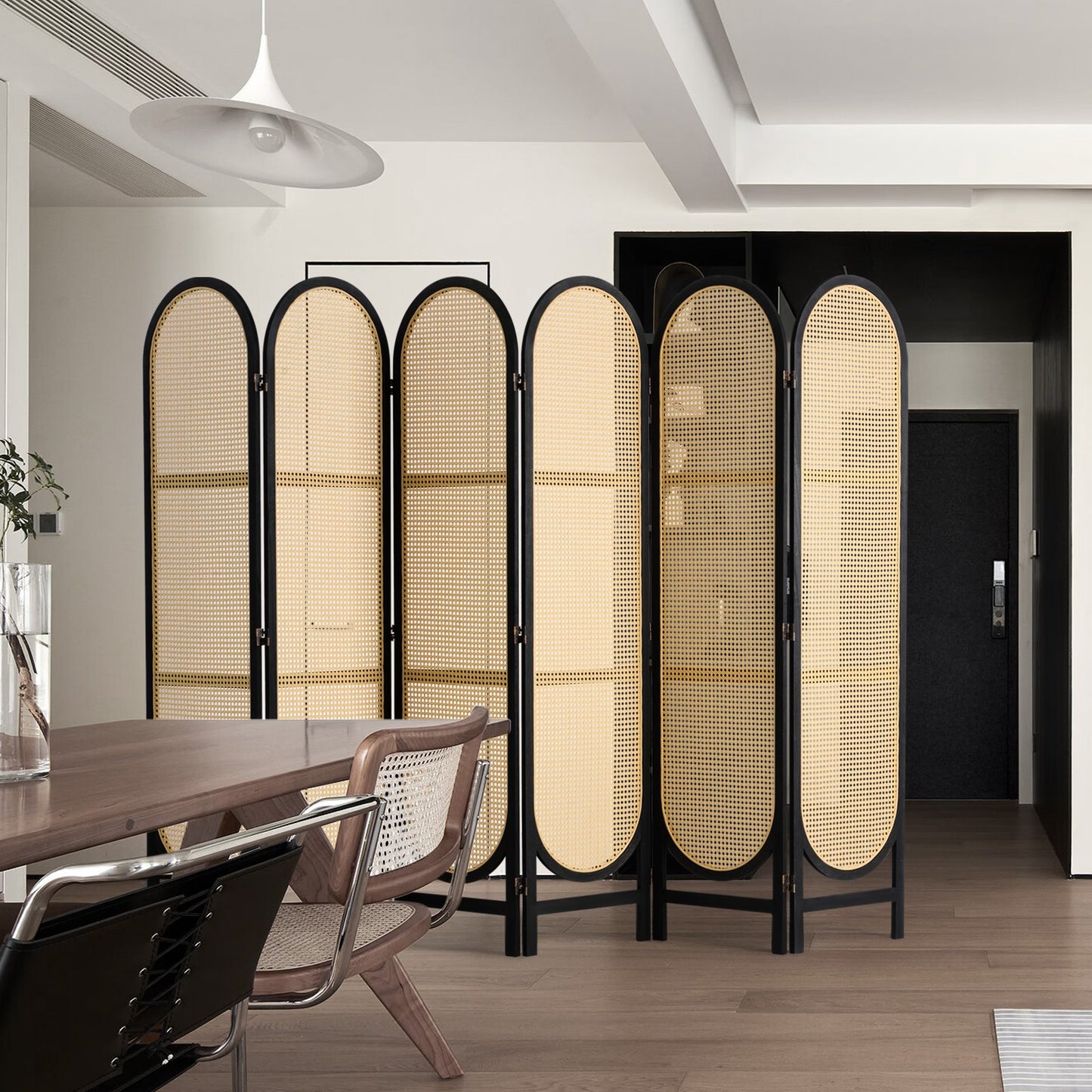 6 Panel Room Divider, Hand-Woven Rattan Folding Privacy Screens with Hinges, Portable Partition Room Dividers, Wooden Freestanding Wall Divider for Room Separation, Living Room, Bedroom, Brown