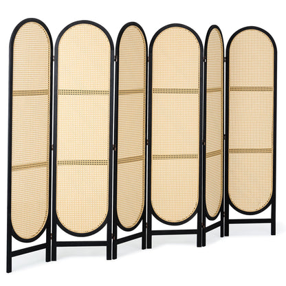 6 Panel Room Divider, Hand-Woven Rattan Folding Privacy Screens with Hinges, Portable Partition Room Dividers, Wooden Freestanding Wall Divider for Room Separation, Living Room, Bedroom, Brown