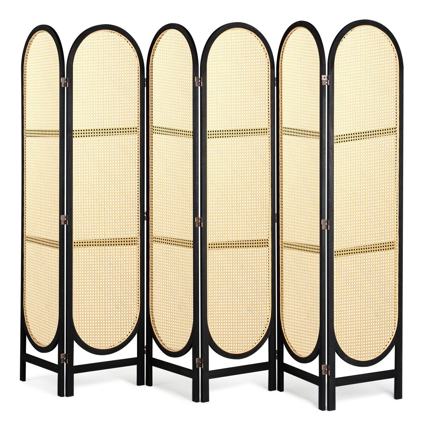 6 Panel Room Divider, Hand-Woven Rattan Folding Privacy Screens with Hinges, Portable Partition Room Dividers, Wooden Freestanding Wall Divider for Room Separation, Living Room, Bedroom, Brown