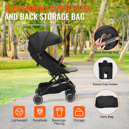 Standard Baby Infant Stroller, Toddler Stroller with 95°-175° Adjustable Backrest & & 0/90°Adjustable Footrest & One-click Folding, Newborn Stroller with Cup Holder and Carry Bag, Black