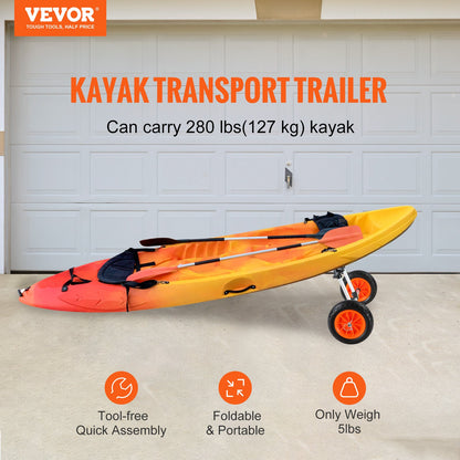 Heavy Duty Kayak Cart, 280lbs Load Capacity, Detachable Canoe Trolley Cart with 10'' Solid Tires, Adjustable Width & Top Foam Protection, for Kayaks with Drain Holes of 2.54cm and Above