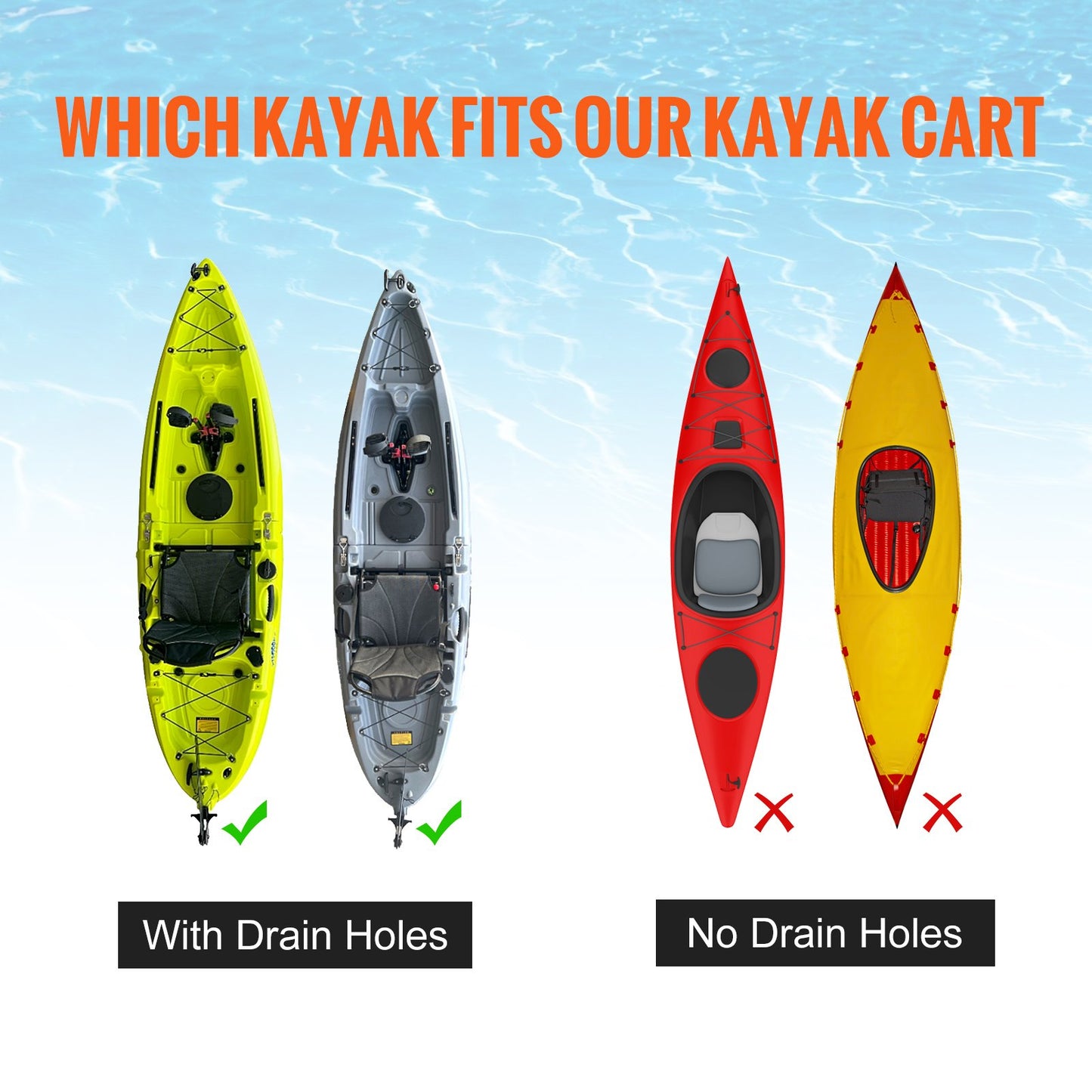 Heavy Duty Kayak Cart, 280lbs Load Capacity, Detachable Canoe Trolley Cart with 10'' Solid Tires, Adjustable Width & Top Foam Protection, for Kayaks with Drain Holes of 2.54cm and Above