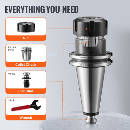 CAT40 Collet Holder ER 16/32 Collet Set, 35 PCs, SLN FMB ER16/32 APU Tool Holders Spring Steel Collet Chucks with 10 Pull Studs and 3 Wrenches, for Milling Machine Drill Presses Boring Machine