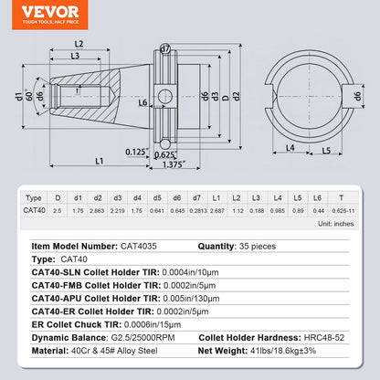 CAT40 Collet Holder ER 16/32 Collet Set, 35 PCs, SLN FMB ER16/32 APU Tool Holders Spring Steel Collet Chucks with 10 Pull Studs and 3 Wrenches, for Milling Machine Drill Presses Boring Machine
