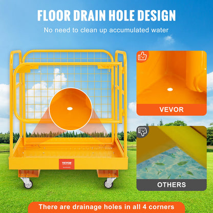Forklift Safety Cage, 544.3 kg Load Capacity, 91.4 x 91.4 cm, Folding Forklift Work Platform with Lockable Swivel Wheels, Drain Hole & Device Chain, Holds 1 to 2 Adults, Perfect for Aerial Work