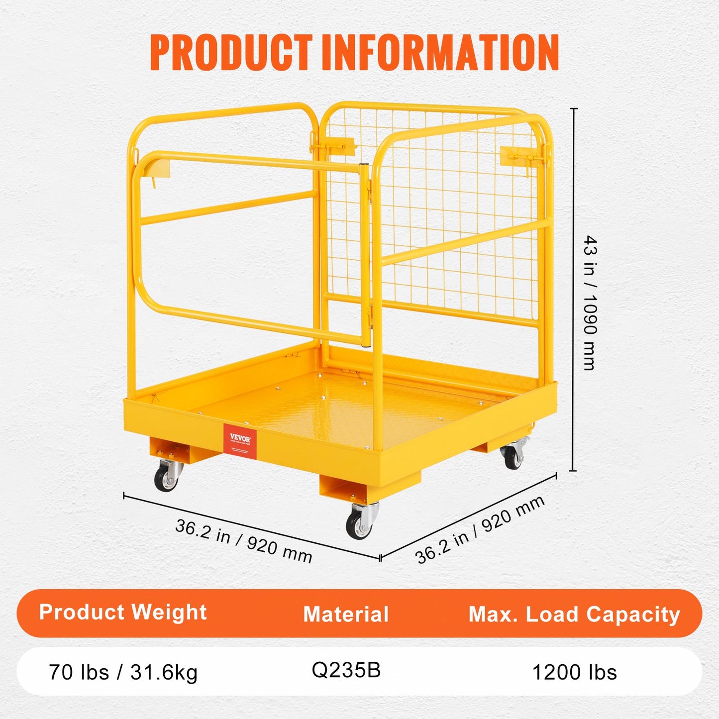 Forklift Safety Cage, 544.3 kg Load Capacity, 91.4 x 91.4 cm, Folding Forklift Work Platform with Lockable Swivel Wheels, Drain Hole & Device Chain, Holds 1 to 2 Adults, Perfect for Aerial Work