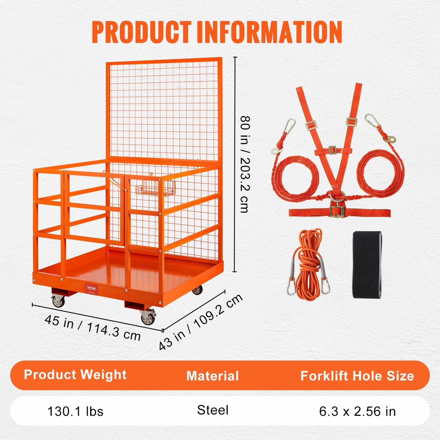 Forklift Safety Cage Work Platform 109 x 114.3 cm 635 kg w/ Wheels for Aerial