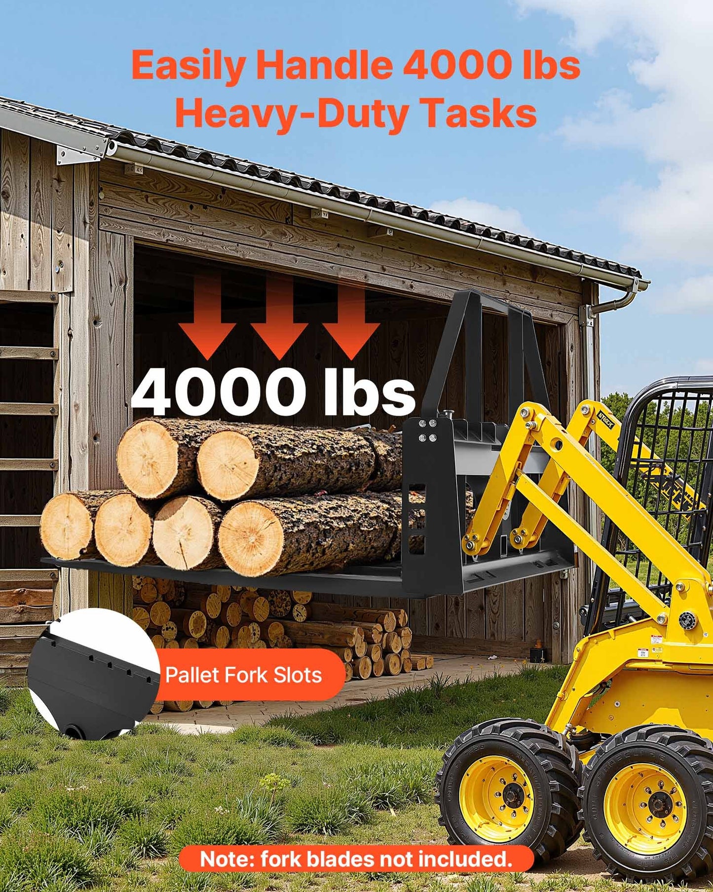 Skid Steer Pallet Fork Frame, 1814 kg Rated Capacity, 115 cm Pallet Fork Frame Attachments with 50.8 mm Hitch Receiver & Spear Sleeves, Fit for Quick Attach Tractor Loaders, Frame Only