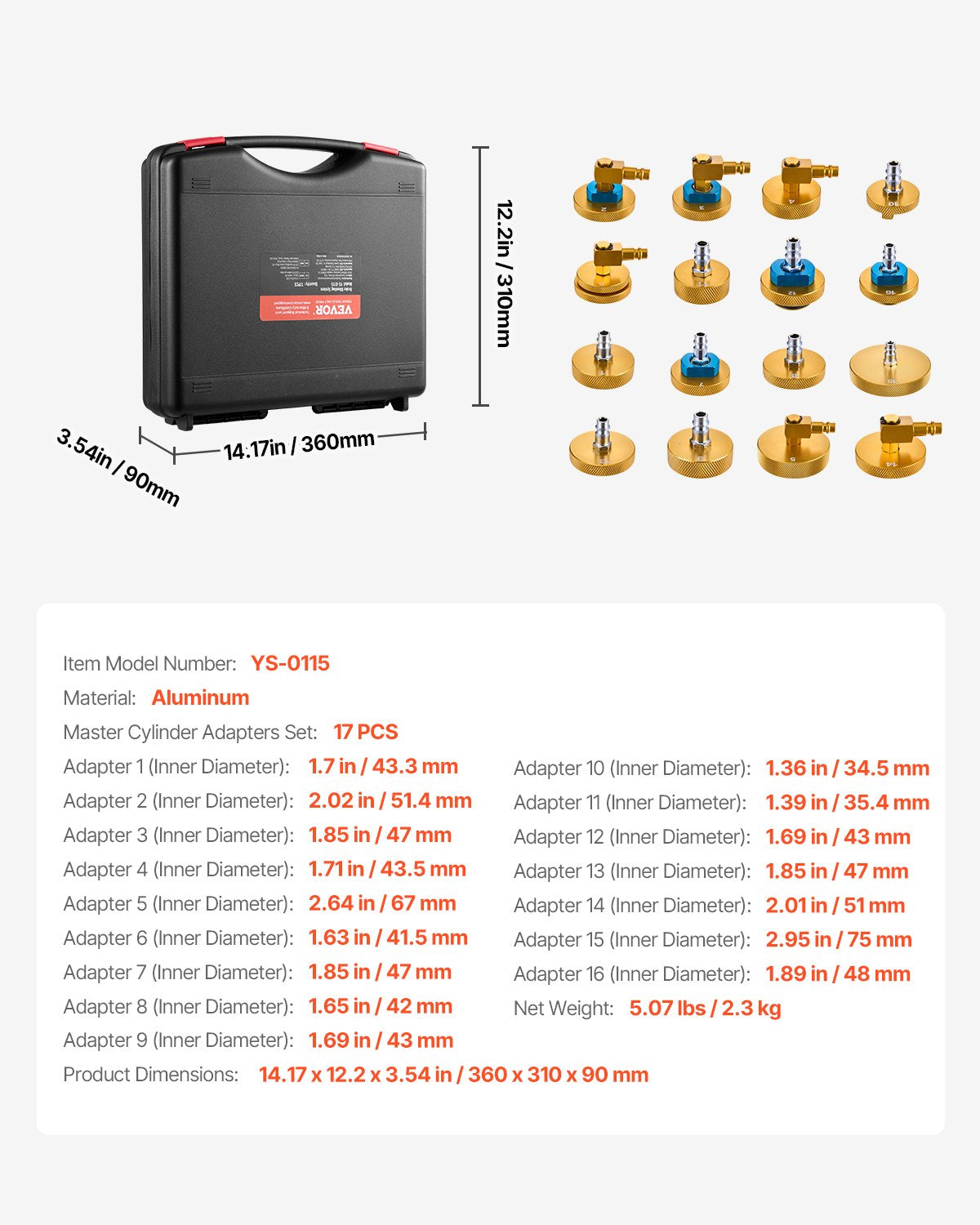Brake Master Bleeder Kit, 17 Pcs, Professional Brake Bleeder Adapter Set with Complete Kit & Handle, Durable Brake Bleeder Adapter for Brake Fluid Filling Fit for Most New & Old Vehicles